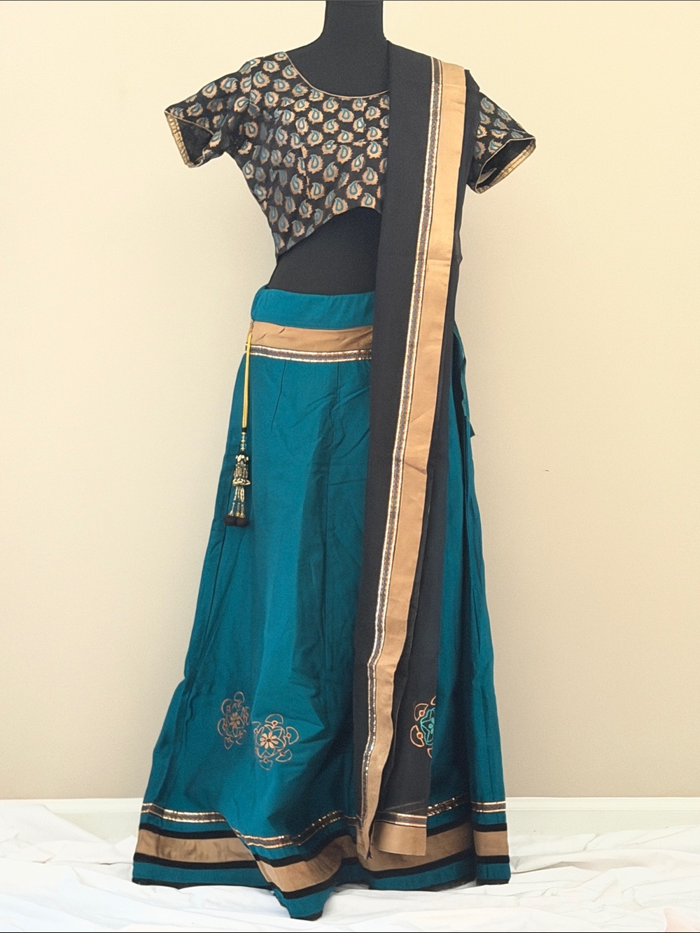 Teal and Black Embroidered A-Line Women’s Skirt with Gold Trim